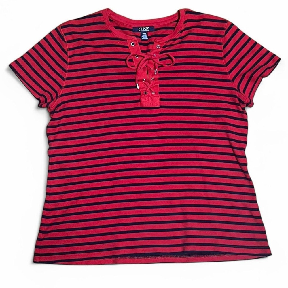 Chaps Red and Navy Striped Lace-Up Top
